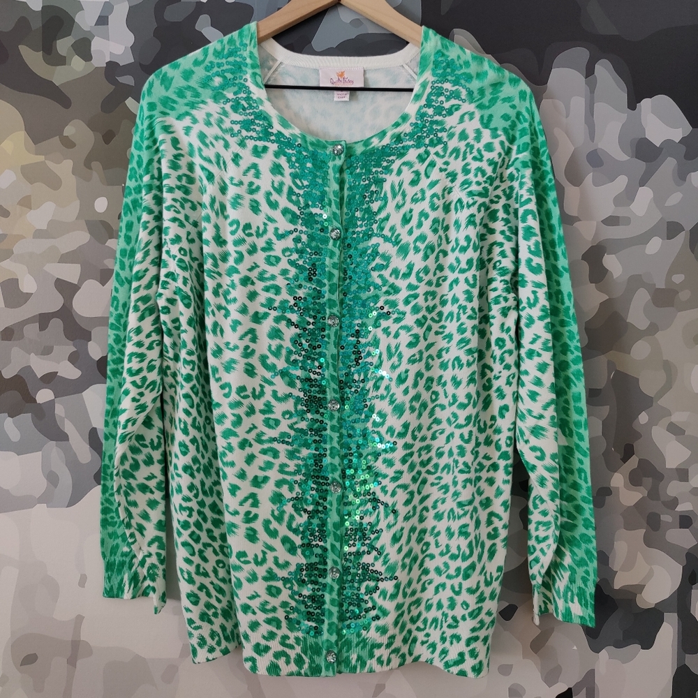 Quacker Factory Emerald Green Sequin Spray Leopard Print Cardigan - Size L